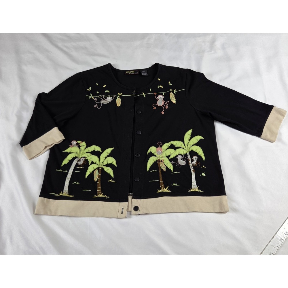 Vtg Onque Black Cardigan Sweater Monkeys Palm Trees Size L